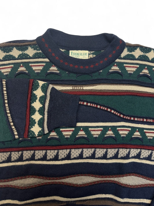 90s Toorallie Strickpullover 3D Wave Knit Merino Made In Australia Erdtöne XL