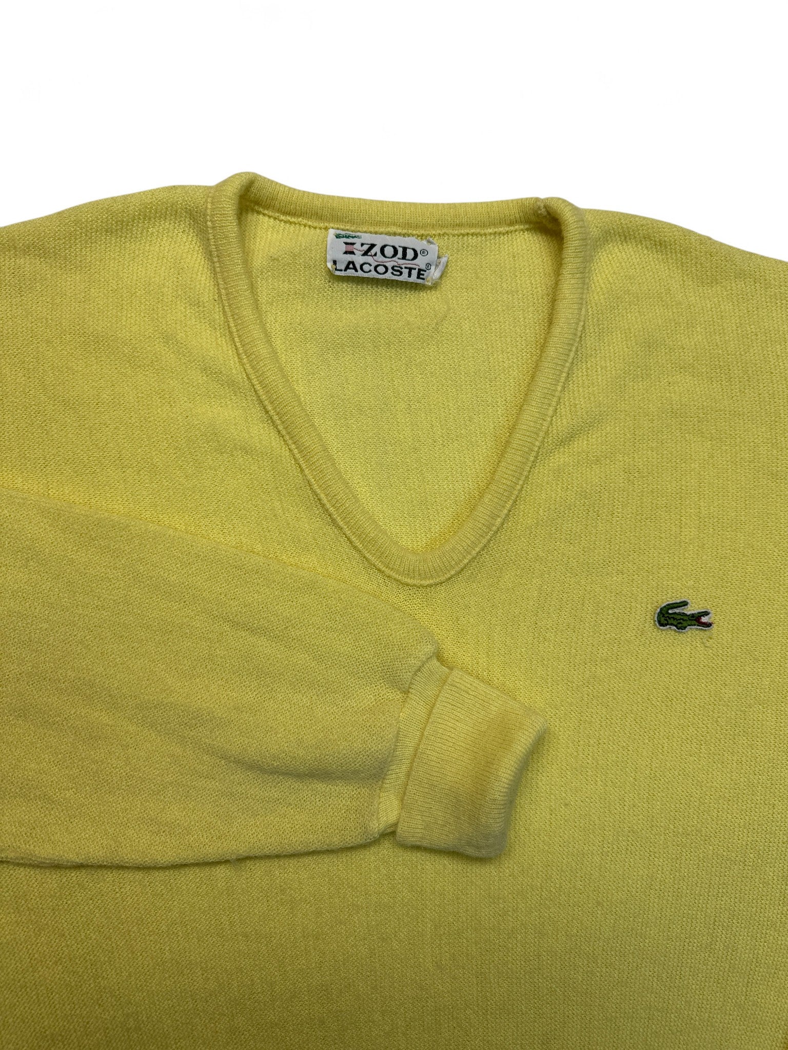 70s Lacoste By Izod Strickpullover V-Ausschnitt "Spool Tag" Made In USA Gelb XL