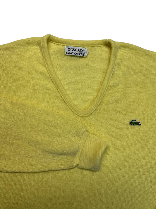 70s Lacoste By Izod Strickpullover V-Ausschnitt "Spool Tag" Made In USA Gelb XL