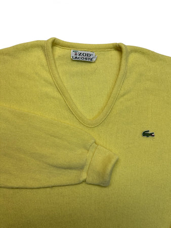 70s Lacoste By Izod Strickpullover V-Ausschnitt "Spool Tag" Made In USA Gelb XL