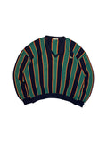 90s Lacoste Strickpullover V-Ausschnitt Schurwolle Made In France Gestreift Dunkelblau Grün M-L