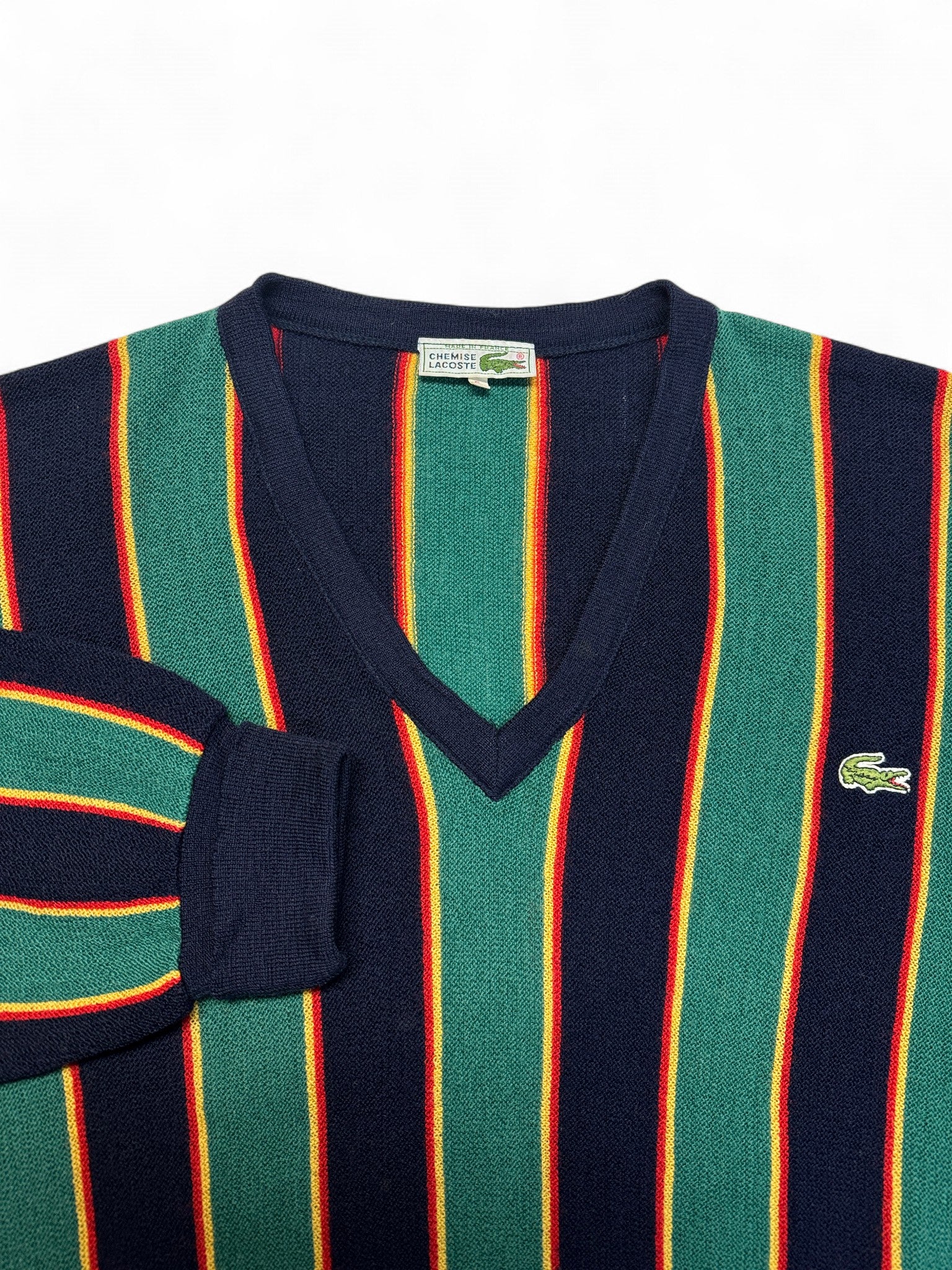 90s Lacoste Strickpullover V-Ausschnitt Schurwolle Made In France Gestreift Dunkelblau Grün M-L