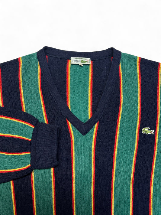 90s Lacoste Strickpullover V-Ausschnitt Schurwolle Made In France Gestreift Dunkelblau Grün M-L