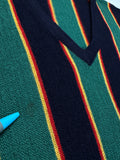 90s Lacoste Strickpullover V-Ausschnitt Schurwolle Made In France Gestreift Dunkelblau Grün M-L