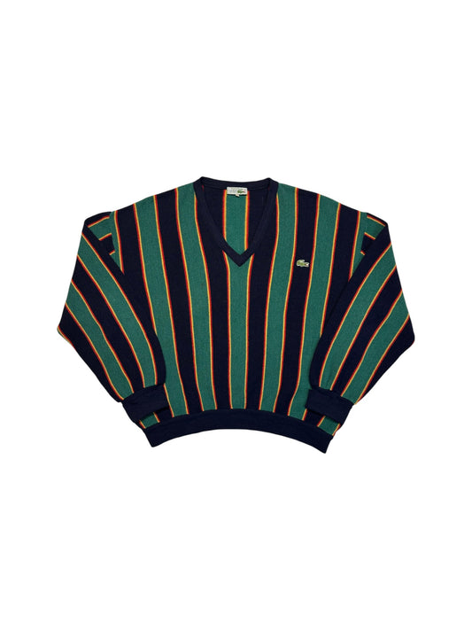 90s Lacoste Strickpullover V-Ausschnitt Schurwolle Made In France Gestreift Dunkelblau Grün M-L