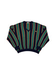90s Lacoste Strickpullover V-Ausschnitt Schurwolle Made In France Gestreift Dunkelblau Grün M-L