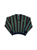 90s Lacoste Strickpullover V-Ausschnitt Schurwolle Made In France Gestreift Dunkelblau Grün M-L