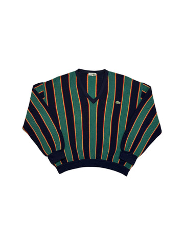 90s Lacoste Strickpullover V-Ausschnitt Schurwolle Made In France Gestreift Dunkelblau Grün M-L
