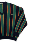 90s Lacoste Strickpullover V-Ausschnitt Schurwolle Made In France Gestreift Dunkelblau Grün M-L