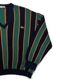 90s Lacoste Strickpullover V-Ausschnitt Schurwolle Made In France Gestreift Dunkelblau Grün M-L