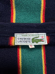 90s Lacoste Strickpullover V-Ausschnitt Schurwolle Made In France Gestreift Dunkelblau Grün M-L