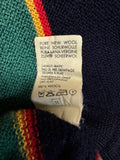 90s Lacoste Strickpullover V-Ausschnitt Schurwolle Made In France Gestreift Dunkelblau Grün M-L