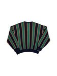 90s Lacoste Strickpullover V-Ausschnitt Schurwolle Made In France Gestreift Dunkelblau Grün M-L