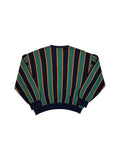 90s Lacoste Strickpullover V-Ausschnitt Schurwolle Made In France Gestreift Dunkelblau Grün M-L