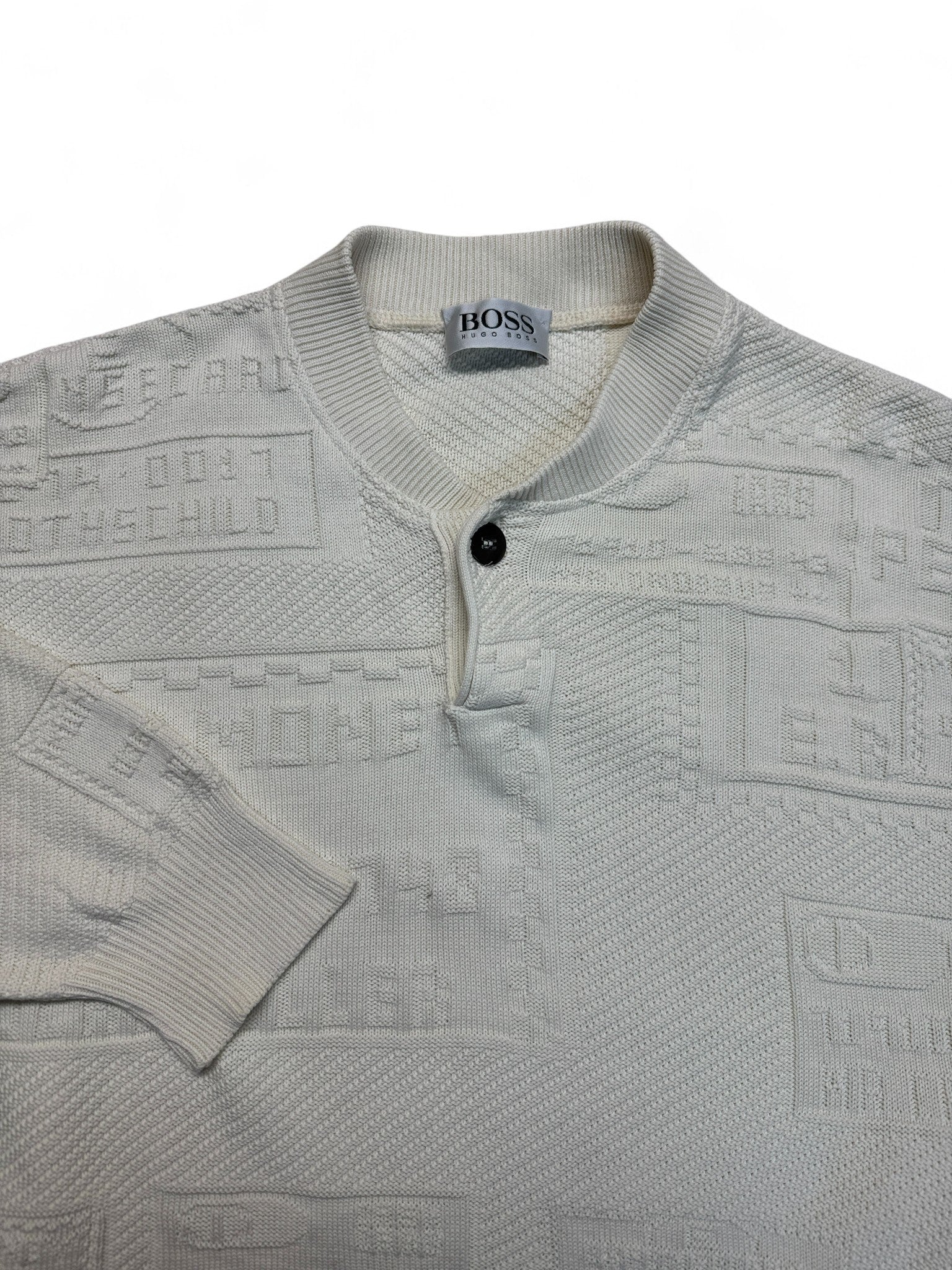 80s Hugo Boss Strickpullover 3D Knit "Money Money Rockefeller" Weiß 54 XL-XXL