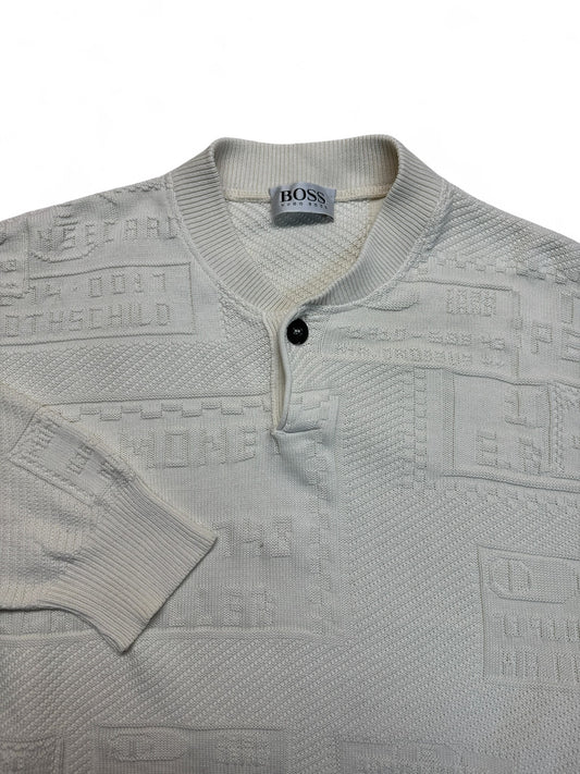 80s Hugo Boss Strickpullover 3D Knit "Money Money Rockefeller" Weiß 54 XL-XXL