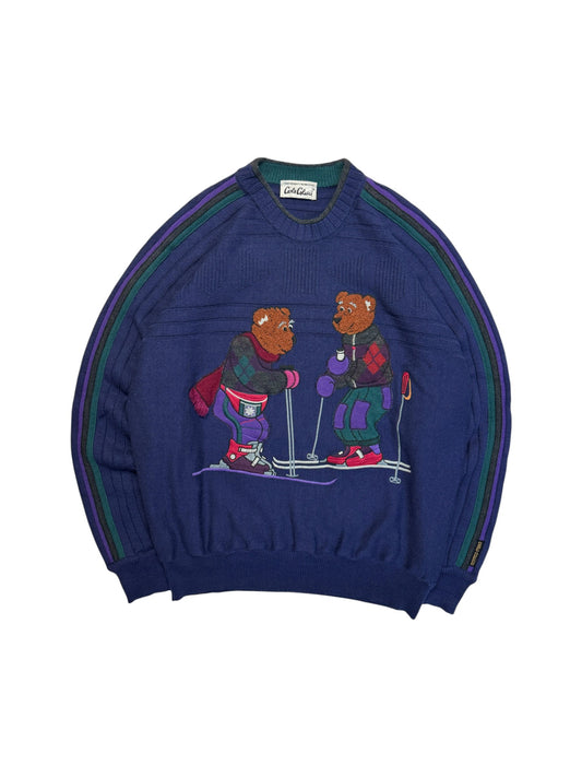 90s Carlo Colucci Strickpullover "Bären Ski"-Motiv Mit Schurwolle Made In Germany Dunkelblau M-L