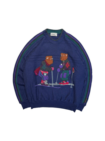 90s Carlo Colucci Strickpullover "Bären Ski"-Motiv Mit Schurwolle Made In Germany Dunkelblau M-L
