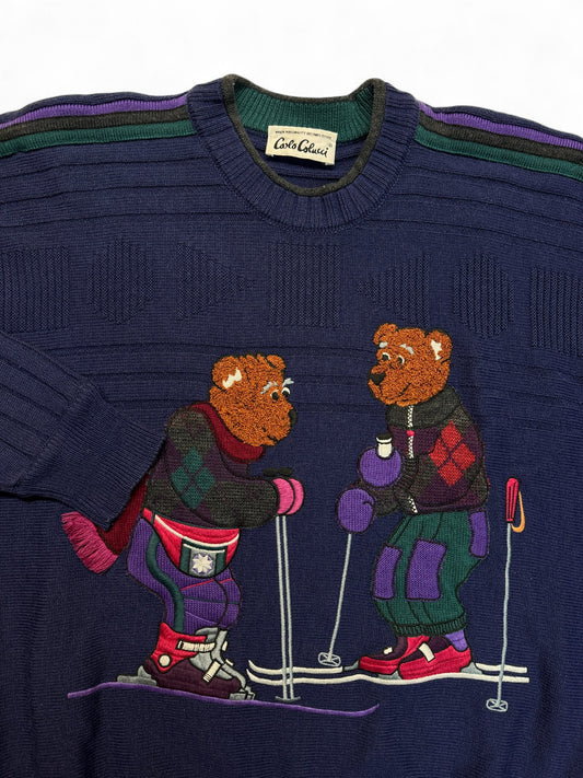 90s Carlo Colucci Strickpullover "Bären Ski"-Motiv Mit Schurwolle Made In Germany Dunkelblau M-L