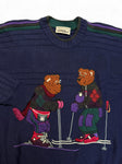 90s Carlo Colucci Strickpullover "Bären Ski"-Motiv Mit Schurwolle Made In Germany Dunkelblau M-L