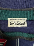 90s Carlo Colucci Strickpullover "Bären Ski"-Motiv Mit Schurwolle Made In Germany Dunkelblau M-L