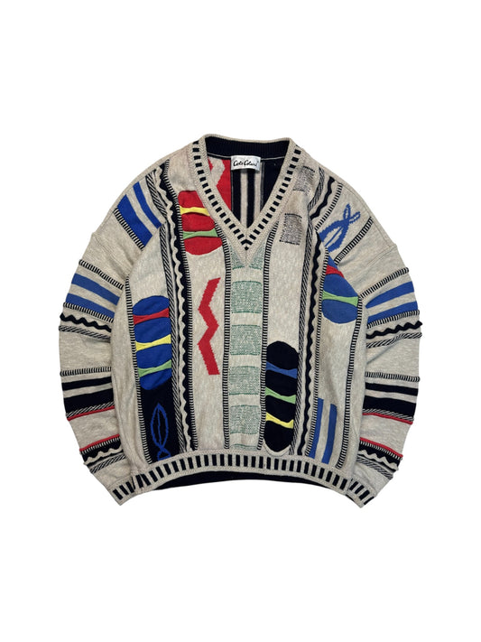 90s Carlo Colucci Strickpullover V-Ausschnitt Abstract 3D Knit Mit Leinen Made In Germany Bunt M-L
