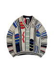90s Carlo Colucci Strickpullover V-Ausschnitt Abstract 3D Knit Mit Leinen Made In Germany Bunt M-L