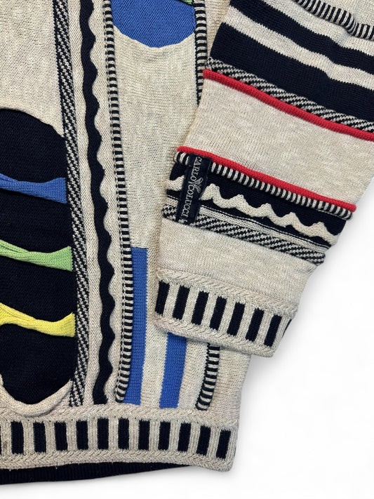 90s Carlo Colucci Strickpullover V-Ausschnitt Abstract 3D Knit Mit Leinen Made In Germany Bunt M-L
