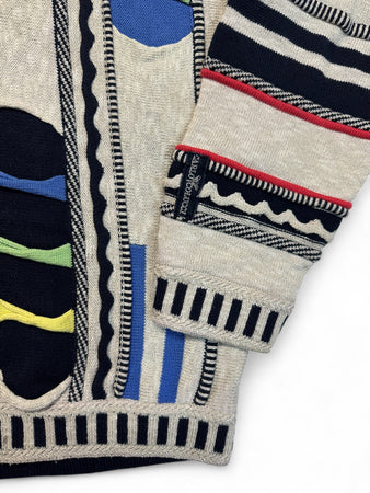 90s Carlo Colucci Strickpullover V-Ausschnitt Abstract 3D Knit Mit Leinen Made In Germany Bunt M-L
