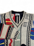 90s Carlo Colucci Strickpullover V-Ausschnitt Abstract 3D Knit Mit Leinen Made In Germany Bunt M-L
