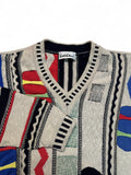 90s Carlo Colucci Strickpullover V-Ausschnitt Abstract 3D Knit Mit Leinen Made In Germany Bunt M-L