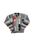 90s Carlo Colucci Strickpullover V-Ausschnitt Abstract 3D Knit Mit Leinen Made In Germany Bunt M-L