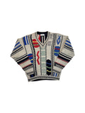 90s Carlo Colucci Strickpullover V-Ausschnitt Abstract 3D Knit Mit Leinen Made In Germany Bunt M-L