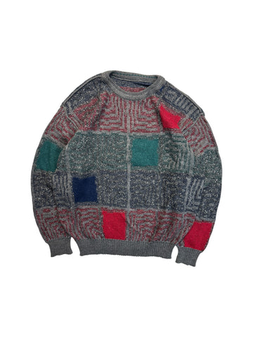 80s Carlo Colucci Strickpullover Mit Schurwolle Made In West Germany Grau Rot XL-XXL