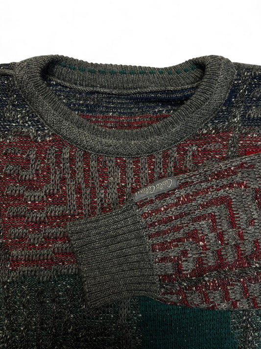 80s Carlo Colucci Strickpullover Mit Schurwolle Made In West Germany Grau Rot XL-XXL