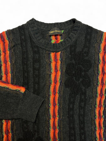 90s Carlo Colucci Strickpullover 3D Knit Merinowolle Made For Japan Rot Schwarz M-L