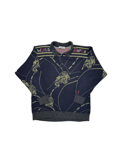 80s Carlo Colucci Polo Strickpullover Auto Motiv Made In West Germany Grau Grün L-XL