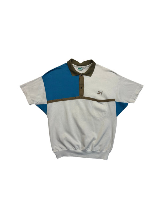 80s Puma Polo Shirt Colorblocked Made In Italy Weiß Blau S-M