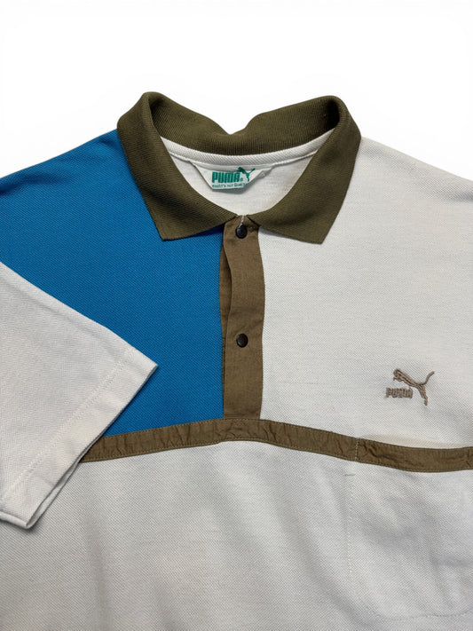 80s Puma Polo Shirt Colorblocked Made In Italy Weiß Blau S-M