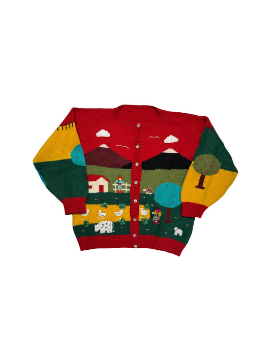 80s Handmade Strickpullover Mit Knopfleiste Farm Motiv Rot Bunt M-L