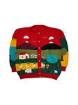 80s Handmade Strickpullover Mit Knopfleiste Farm Motiv Rot Bunt M-L
