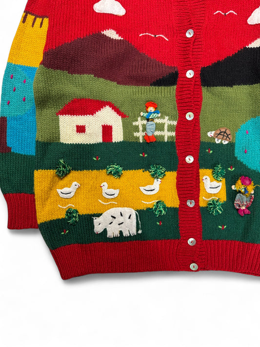 80s Handmade Strickpullover Mit Knopfleiste Farm Motiv Rot Bunt M-L