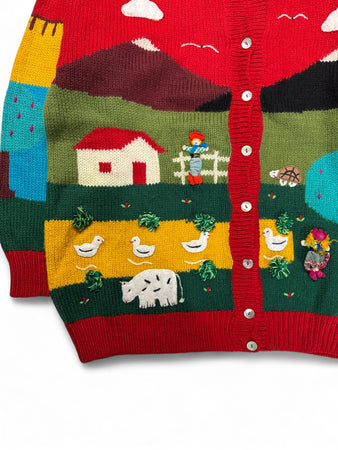 80s Handmade Strickpullover Mit Knopfleiste Farm Motiv Rot Bunt M-L