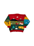 80s Handmade Strickpullover Mit Knopfleiste Farm Motiv Rot Bunt M-L