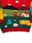 80s Handmade Strickpullover Mit Knopfleiste Farm Motiv Rot Bunt M-L