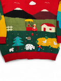 80s Handmade Strickpullover Mit Knopfleiste Farm Motiv Rot Bunt M-L