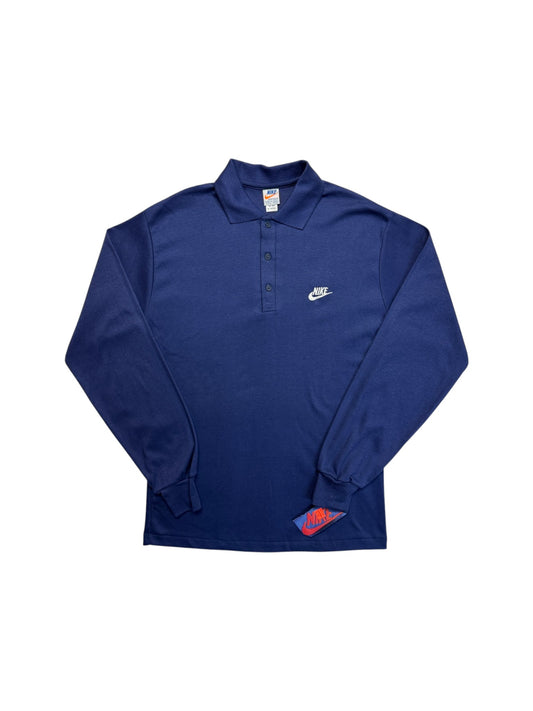 70s Nike Polo Shirt Langarm Deadstock Made In USA Navy M