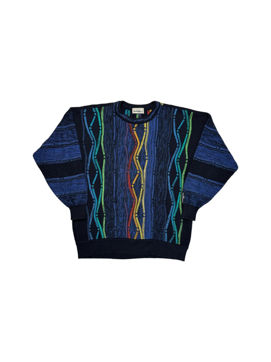 90s Carlo Colucci Strickpullover 3D Wave Knit Made In Germany Dunkelblau Bunt XL-XXL