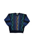 90s Carlo Colucci Strickpullover 3D Wave Knit Made In Germany Dunkelblau Bunt XL-XXL