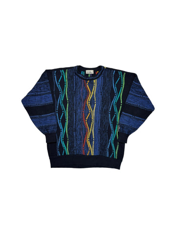 90s Carlo Colucci Strickpullover 3D Wave Knit Made In Germany Dunkelblau Bunt XL-XXL